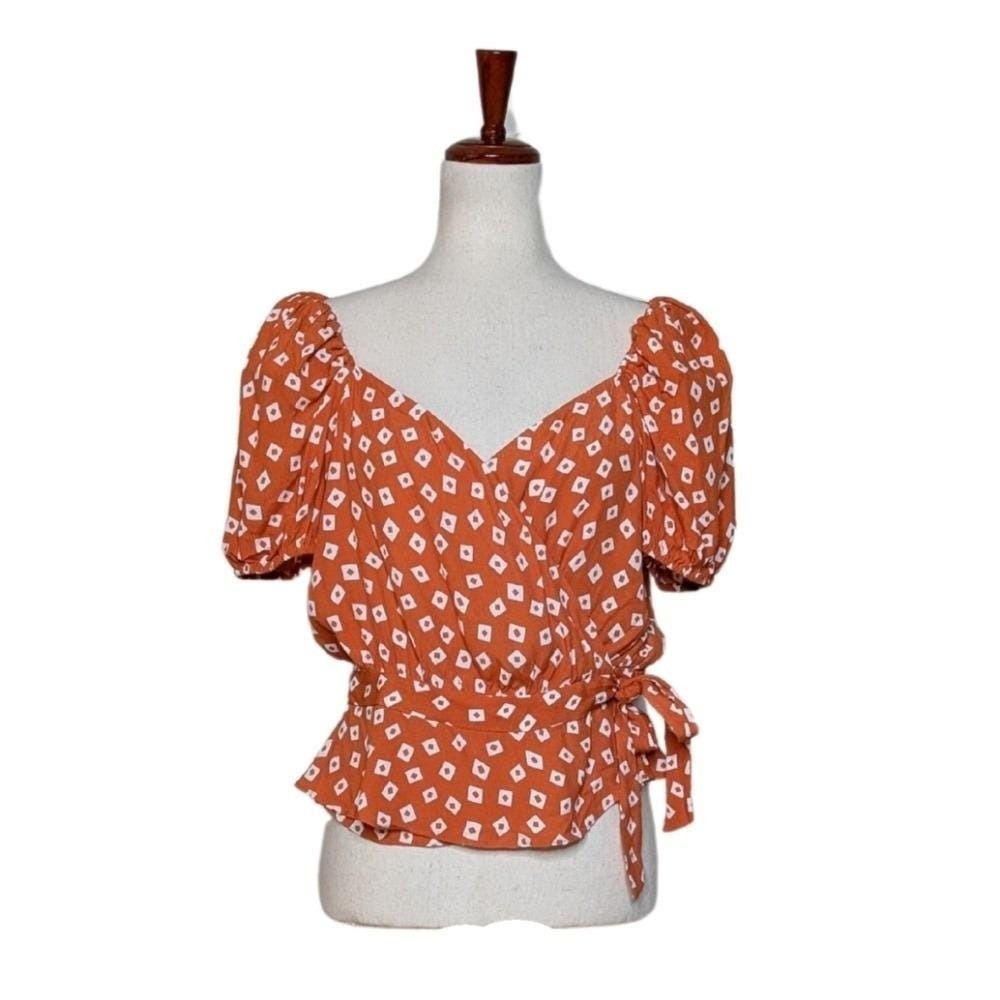 NWT & Other Stories Puff Sleeve Wrap Blouse in Orange Squares Size EU42/USMED - Picture 2 of 8
